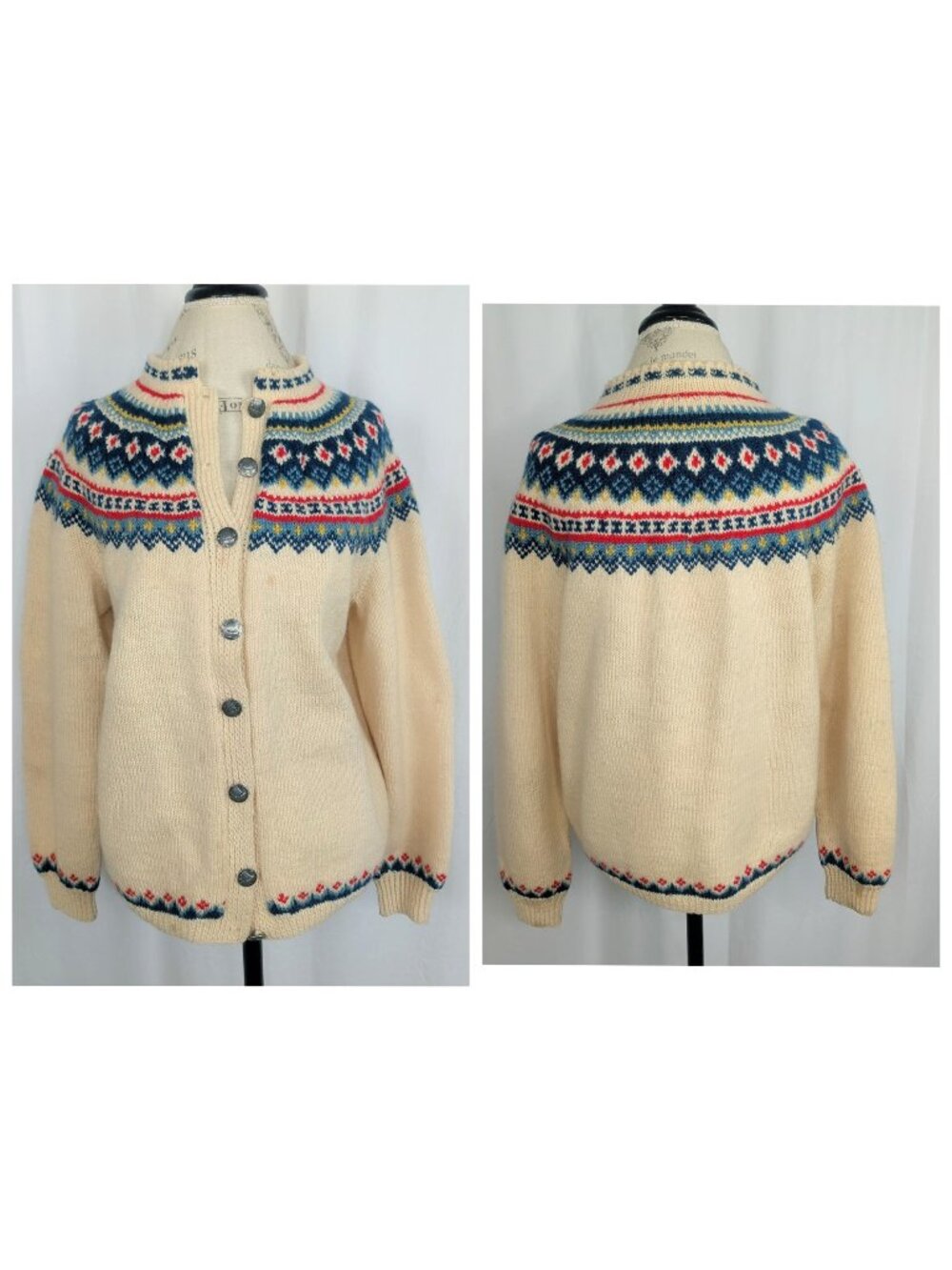Vintage 60s Fair Isle Knit Cardigan Medium Cream Nordic